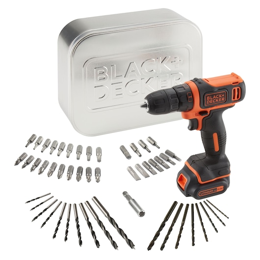 A BLACK+DECKER cordless drill set with an assortment of drill bits and screwdriver bits, displayed in front of a silver metal storage case.