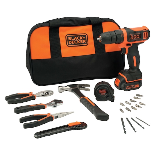 A BLACK+DECKER tool kit including a cordless drill, orange and black carrying bag, tape measure, hammer, utility knife, pliers, wrenches, drill bits, and screwdriver bits arranged on a white background.