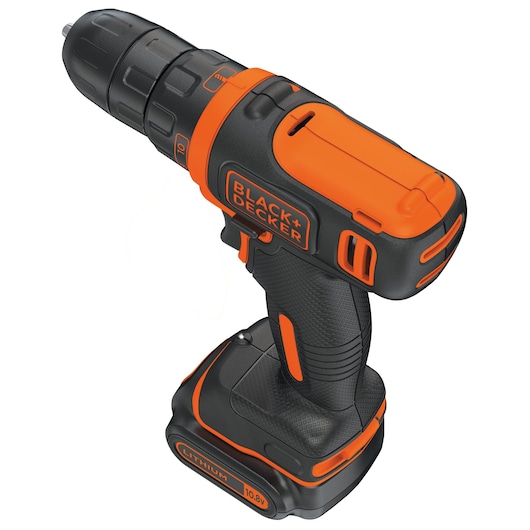 Cordless BLACK+DECKER drill with orange and black body, lithium battery, and ergonomic handle.