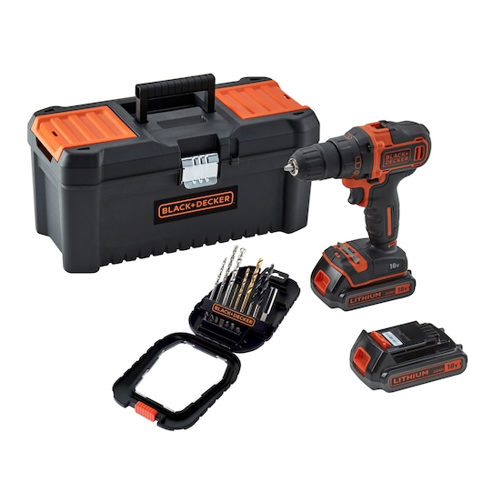 A BLACK+DECKER cordless drill kit featuring an 18V lithium-ion drill, two batteries, a set of drill bits in a case, and a black and orange toolbox.