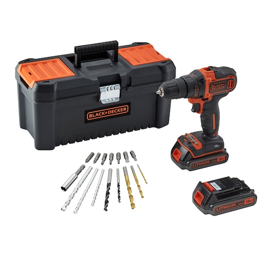 A BLACK+DECKER toolkit including a black and orange plastic toolbox, an 18V cordless drill, a spare lithium battery, and a selection of drill bits and screwdriver bits arranged in front of the toolbox.