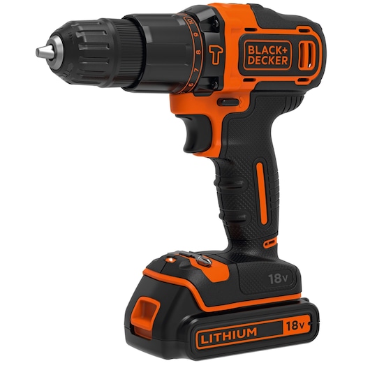 A Black+Decker 18V cordless lithium-ion power drill with an orange and black design, featuring a textured grip handle and adjustable settings.