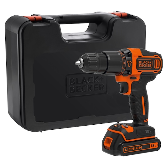 A BLACK+DECKER 18V lithium cordless power drill is shown standing in front of a black carrying case. The drill features orange and black design accents and is equipped with a keyless chuck.