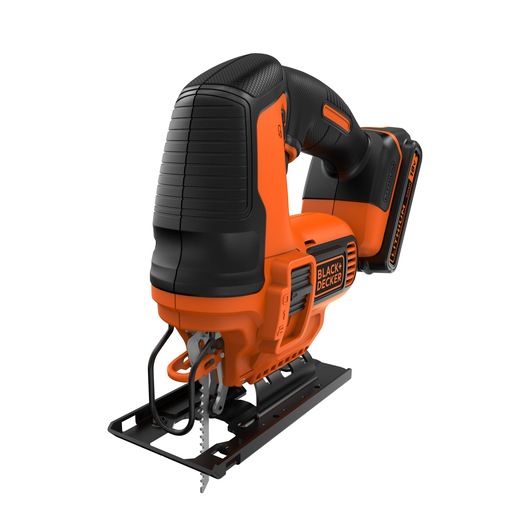 A BLACK+DECKER cordless jigsaw with an orange and black design, featuring a comfortable handle and mounted blade.