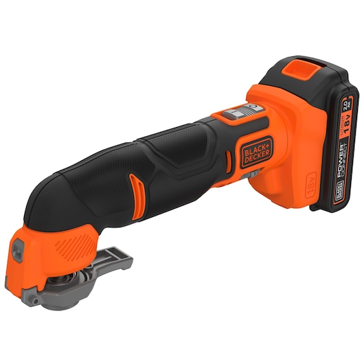 BLACK+DECKER BDCOS18D1K cordless oscillating multi-tool, orange and black, right side view, white background.