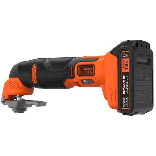 Cordless BLACK+DECKER 18V oscillating multi-tool with black and orange ergonomic handle and POWERCONNECT lithium battery, designed for cutting, sanding, and scraping tasks.