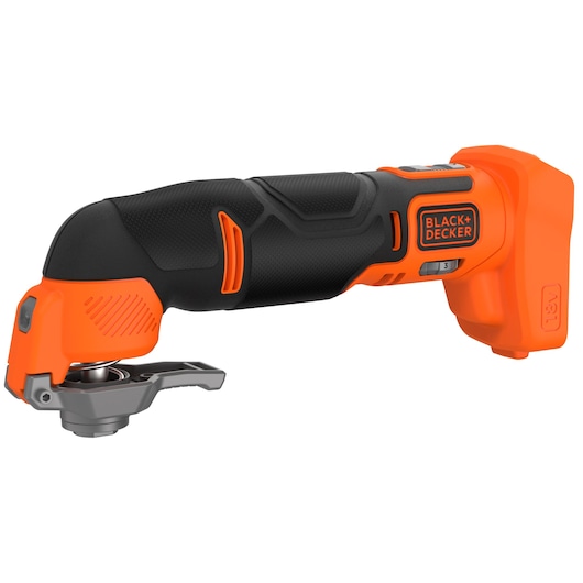 A BLACK+DECKER cordless oscillating multi-tool with an orange and black design, featuring a grip handle and a tool head for attachments, shown on a white background.