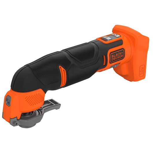 A BLACK+DECKER cordless oscillating multi-tool with an orange and black ergonomic handle, showing the blade attachment at the front and battery compartment at the back.