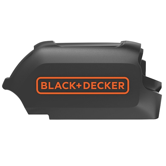 A BLACK+DECKER branded black plastic device component, photographed against a white background.