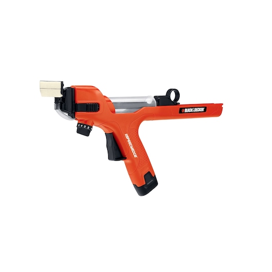 A BLACK+DECKER BDPE400 caulking gun for photography products. The tool is orange with black and grey accents, featuring an ergonomic handle and a dial for adjustment.