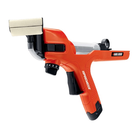 A BLACK+DECKER BDPE400 Speedy Edge paint edger tool, featuring an orange ergonomic handle, adjustable settings dial, and a foam pad for precise painting along edges.