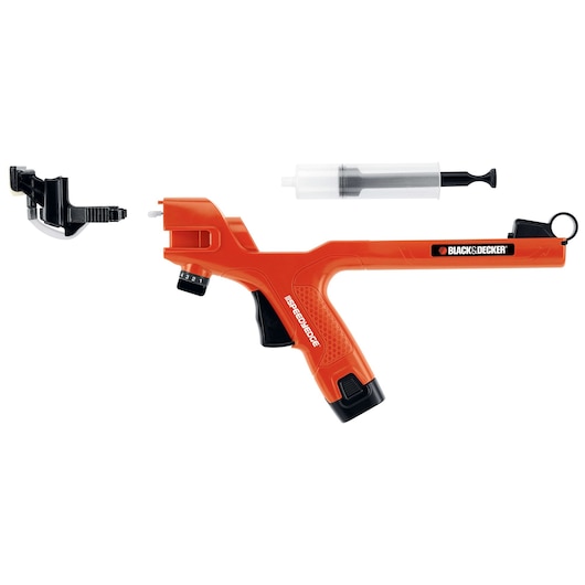 An orange BLACK+DECKER photography tool kit model BDPE400, featuring a handheld device with accessories including an attachment and a syringe-like component.
