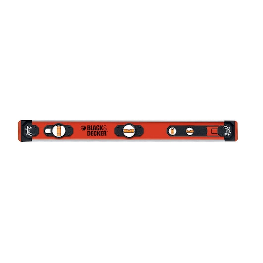A BLACK+DECKER spirit level with a red and black casing and three bubble vials for measuring horizontal and vertical alignment.