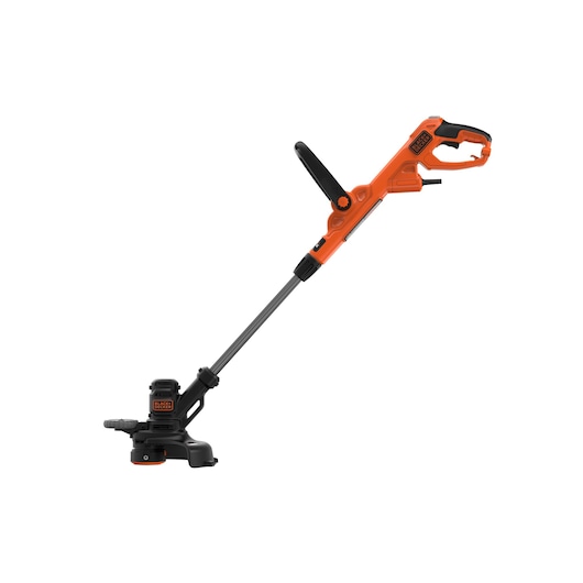 BLACK+DECKER electric string trimmer and edger with orange and black handle, shown on a white background.