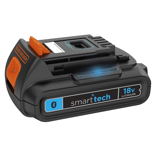 A BLACK+DECKER smarttech 18V lithium battery with Bluetooth and USB port, shown at an angle on a white background.