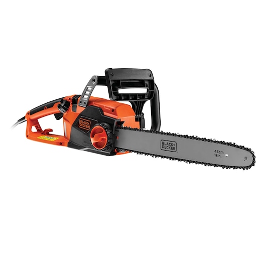 BLACK+DECKER electric chainsaw with an 18-inch (45 cm) bar, featuring an orange and black body, ergonomic handle, and a visible blade with the BLACK+DECKER logo.