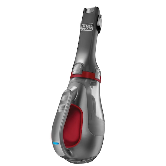 A BLACK+DECKER handheld vacuum cleaner in grey with red accents, featuring an ergonomic handle and a transparent dust container, shown against a white background.