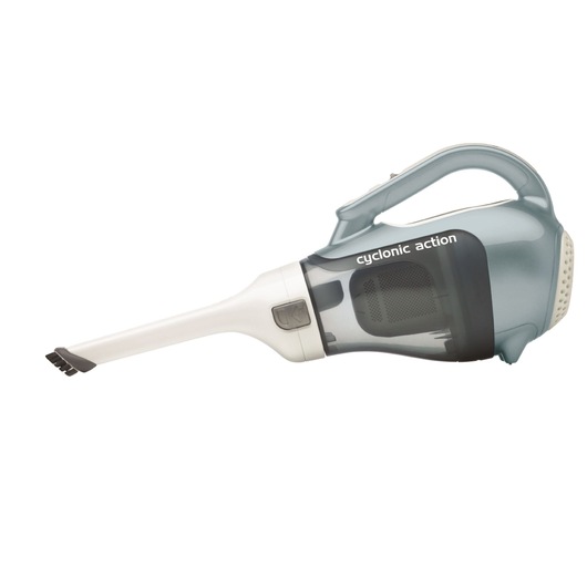 A handheld cordless vacuum cleaner with a long, narrow nozzle and a transparent dust container, featuring the words 'cyclonic action' printed on the side.