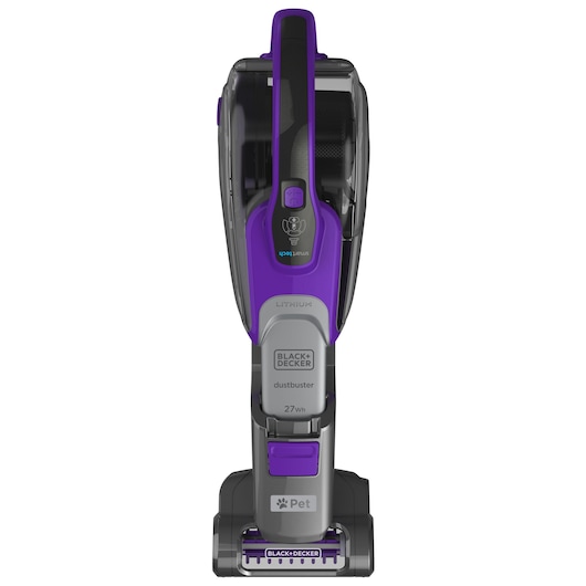 Front view of a BLACK+DECKER handheld vacuum cleaner (model DVJ325BFSP) designed for pet cleaning, featuring purple and grey colors, and labeled with the word 'dustbuster'.