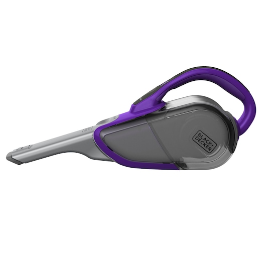 A BLACK+DECKER handheld vacuum cleaner with a sleek grey and purple design, photographed against a white background.