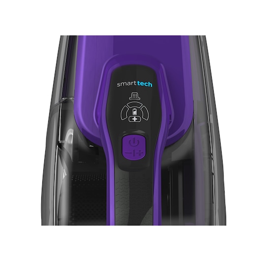 Close-up view of a BLACK+DECKER handheld vacuum cleaner, featuring a purple and black design and smart tech controls.