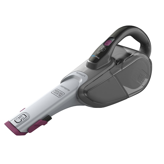 A BLACK+DECKER cordless handheld vacuum cleaner, model DVJ325BFS, featuring a grey and black design with purple accents.