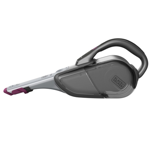 A BLACK+DECKER handheld vacuum cleaner with a grey and black body, featuring a curved handle and purple accents on the nozzle.