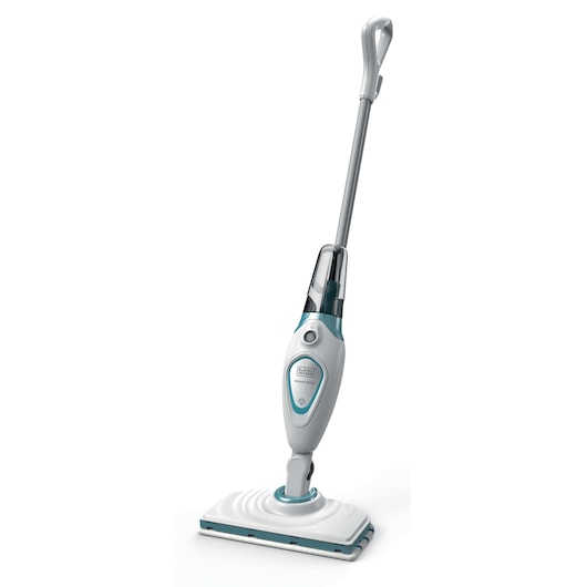 A BLACK+DECKER FSM1605 steam mop with a white and light blue design, featuring a rectangular cleaning head and ergonomic handle for efficient floor cleaning.