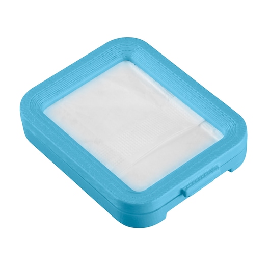 A rectangular spare filter with a blue plastic frame and a white mesh section, designed for use with cleaning devices.