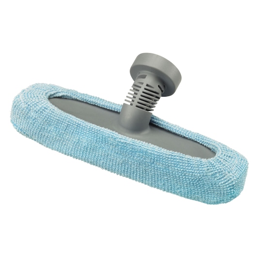 Close-up image of a steam mop attachment with a grey plastic base and a blue microfiber cleaning pad.