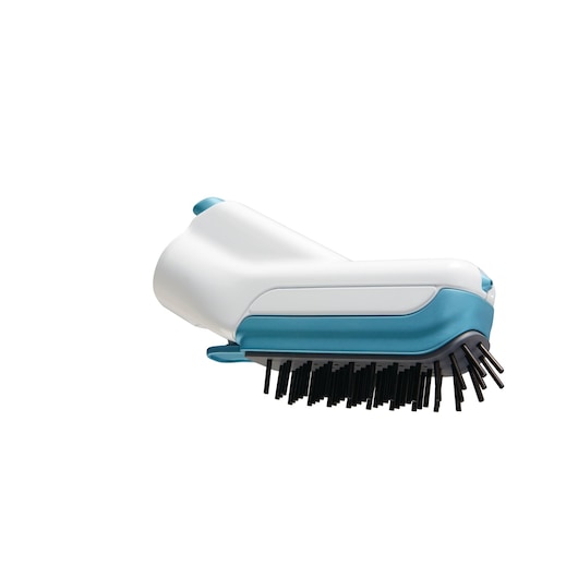 A close-up of a BLACK+DECKER steam mop accessory featuring a white and blue body with black bristles, shown on a plain white background.