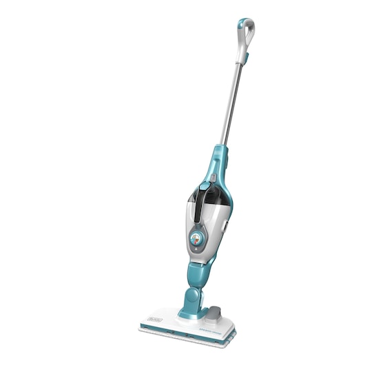 A BLACK+DECKER steam mop with a white and teal design, featuring a rectangular cleaning head and a long handle.