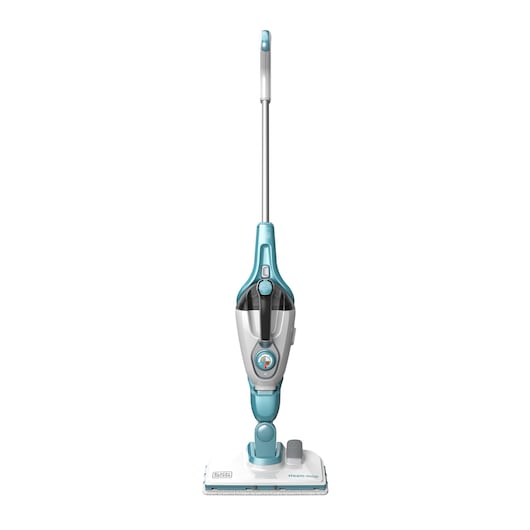 A BLACK+DECKER upright steam mop with a turquoise and white finish, designed for cleaning hard floors. The mop has a rectangular cleaning base and a long handle, standing vertically against a white background.