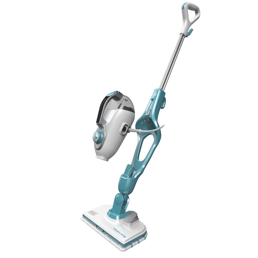 A BLACK+DECKER steam mop with detachable handheld unit, shown in a blue and white color scheme on a white background.