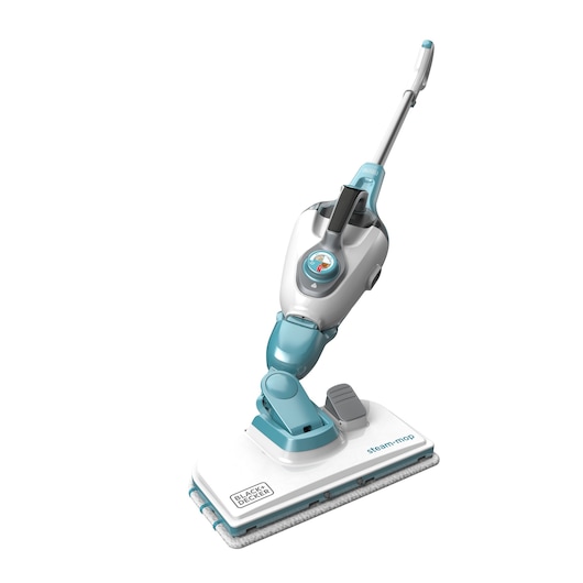 A BLACK+DECKER steam mop with a white and turquoise design, shown on a white background. The mop has a rectangular cleaning pad and an ergonomic handle.