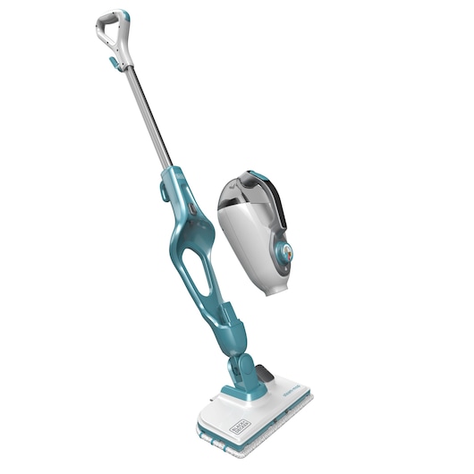 A BLACK+DECKER steam mop with a detachable handheld unit, shown against a white background. The mop features a long handle and a rectangular cleaning head.