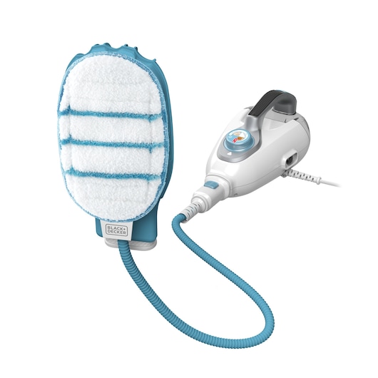 A BLACK+DECKER handheld steam cleaner with a blue and white cleaning pad attached to a flexible hose, suitable for cleaning various surfaces.