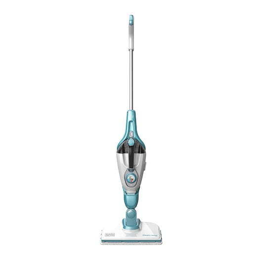 A BLACK+DECKER steam mop with a blue and white design, shown standing upright against a white background.