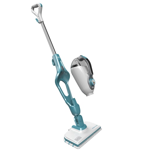 A BLACK+DECKER steam mop with a detachable handheld unit, predominantly white and teal in color, designed for cleaning floors.