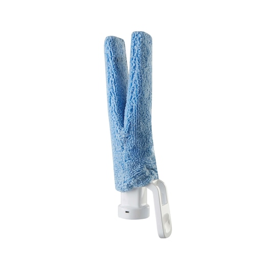 A cleaning tool attachment with a white plastic base and a blue microfiber cover, designed in a V-shape, shown against a white background.