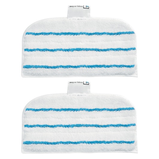 Two rectangular white microfiber mop pads with blue stripes and a fabric tab, shown against a plain background.