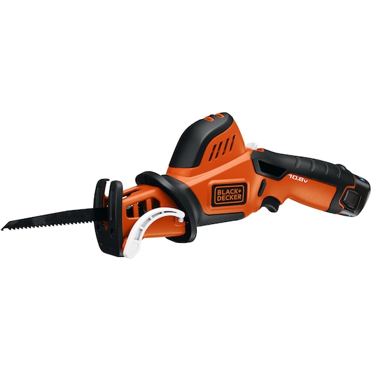 A BLACK+DECKER cordless handheld saw with a black and orange body and visible blade, model GKC108.