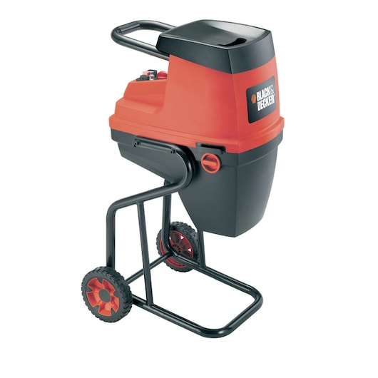 A BLACK+DECKER garden shredder with a black and orange design, featuring two wheels, a handle for easy mobility, and a sturdy frame.