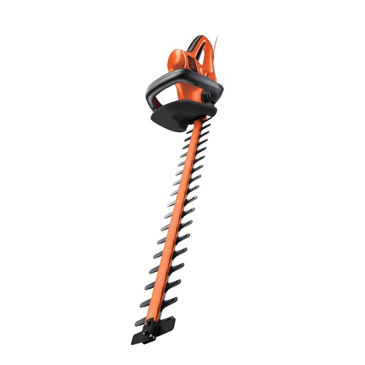 An electric hedge trimmer with an orange and black design, featuring a long dual-action blade and a protective front handle. The device is shown isolated on a white background.