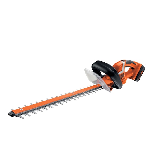 A cordless orange and black hedge trimmer with a long blade and protective guard, suitable for garden maintenance.