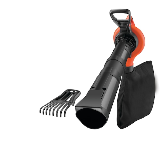 A BLACK+DECKER garden vacuum and blower, model GW3050, with an orange and black body, a detachable rake accessory, and a collection bag attached.