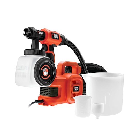 A BLACK+DECKER HVLP400 paint sprayer kit, featuring an orange and black motor unit with a hose attached to a handheld spray gun and a paint container. Also included are three white measuring and mixing accessories placed beside the sprayer.