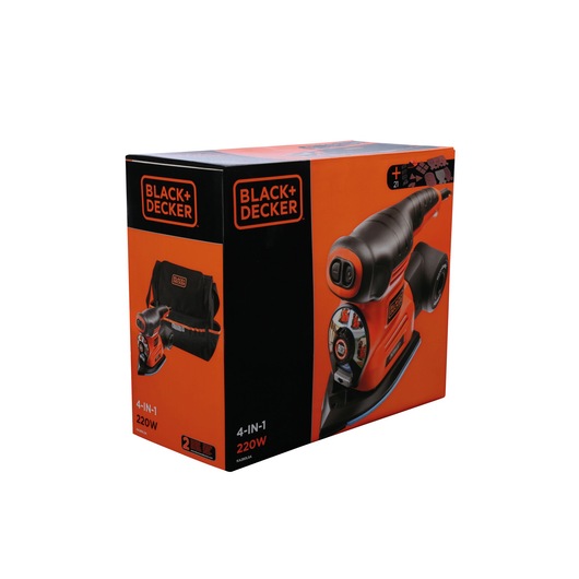 Box of BLACK+DECKER 4-in-1 220W multi-purpose tool, featuring orange and black packaging with images of the tool and carrying bag.