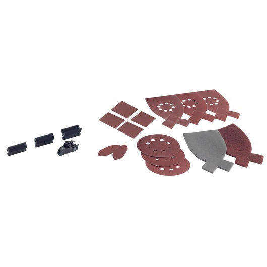 Assorted BLACK+DECKER KA280 sander accessory set including sanding pads, discs, squares, detail attachments, and rollers, displayed on a white background.