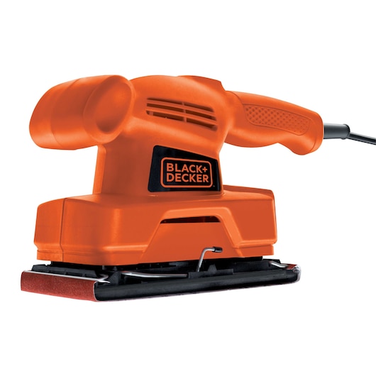 An orange BLACK+DECKER electric sander with a rectangular sanding pad, designed for smoothing surfaces. The tool has a textured grip handle and is shown with a power cord attached.